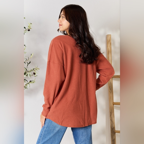 BOMBOM Drop Shoulder Long Sleeve Blouse with Pockets - Picture 4 of 6